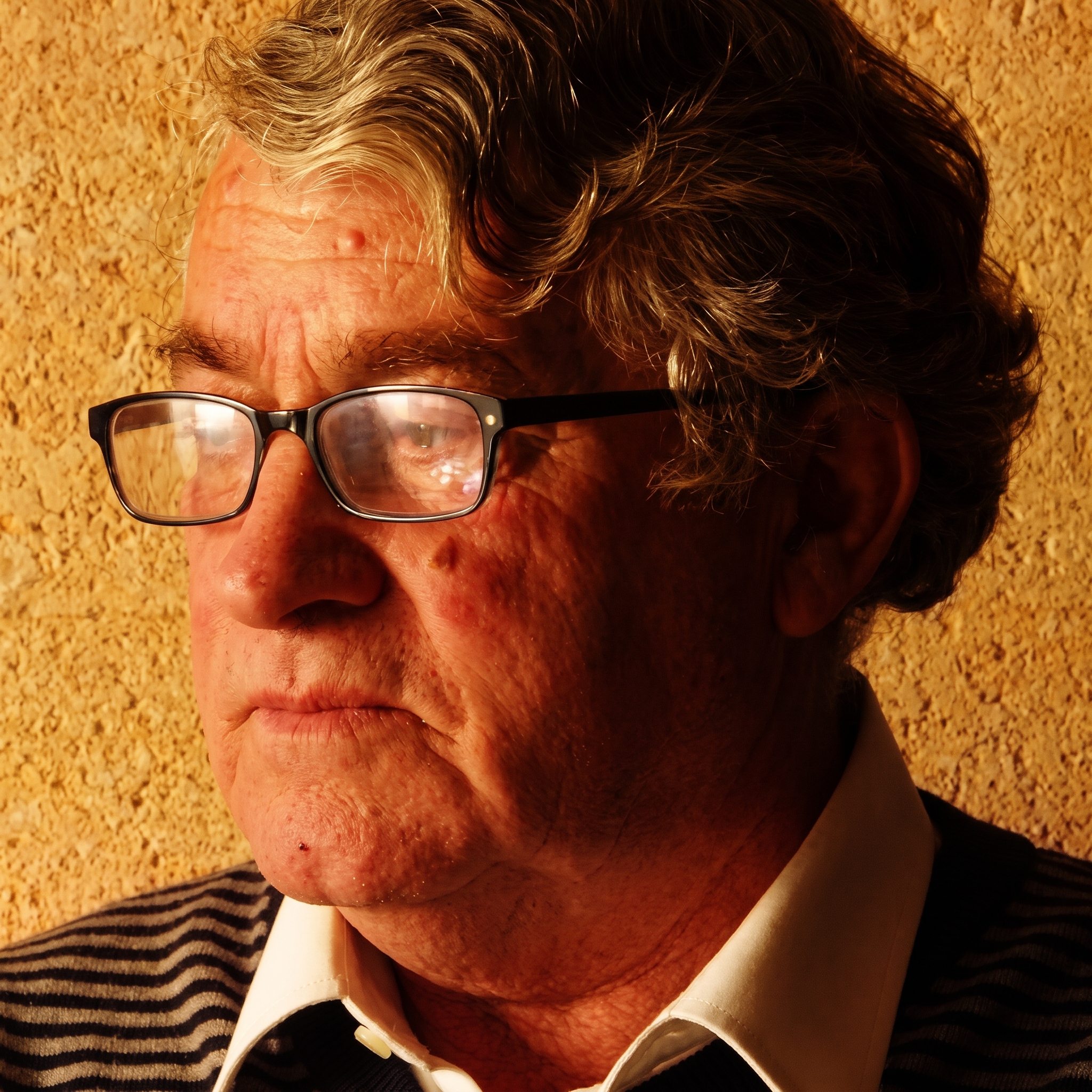 Retrato de Tobal Esbert, de perfil, con gafas, ante una pared de marès iluminada por el sol